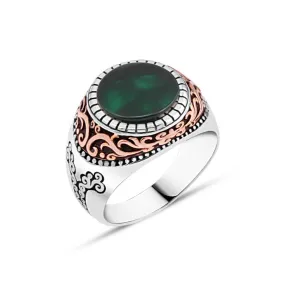 Small Circle Green Agate Stone Silver Men's Ring with Wavy Top Pattern