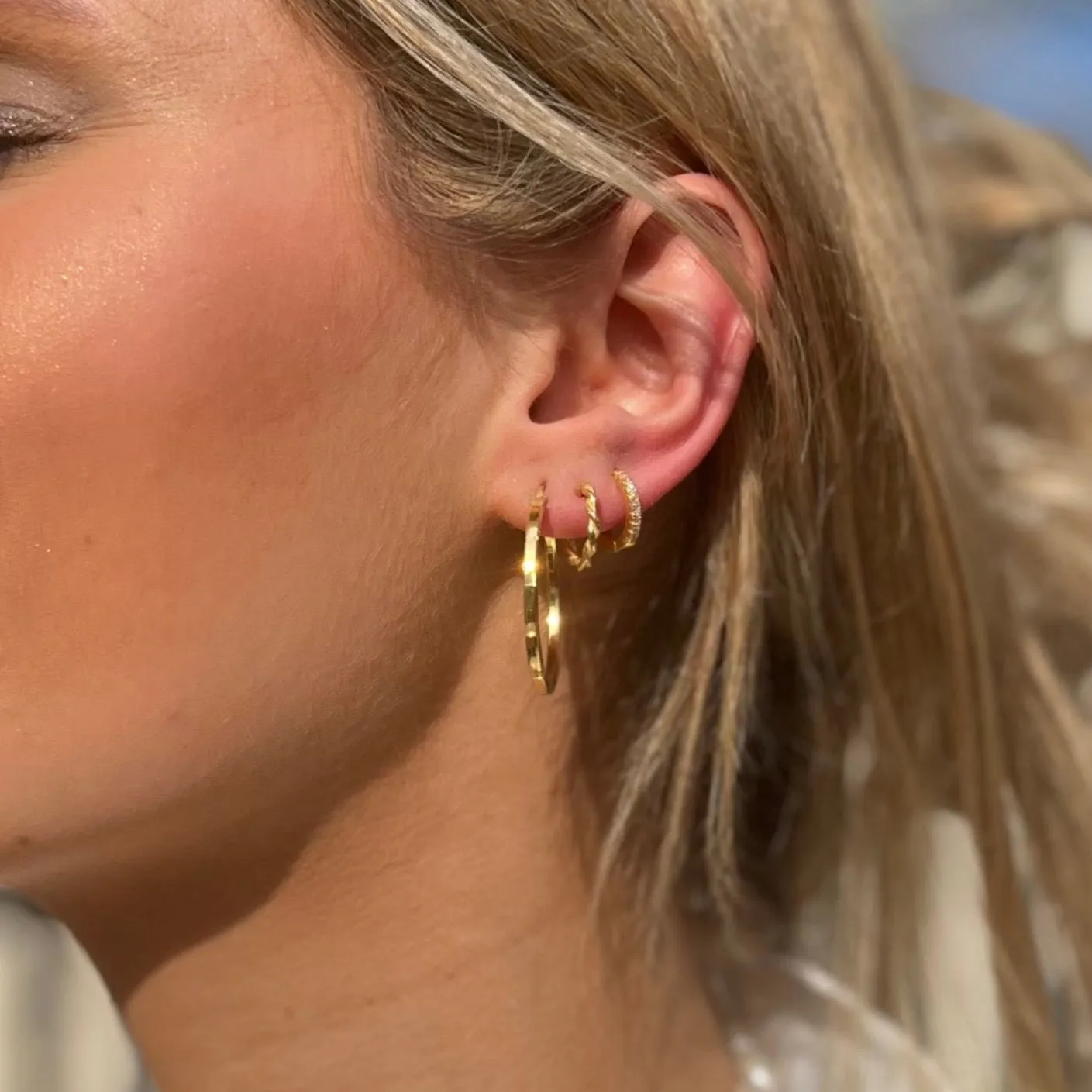 Structured, Slim, Patterned, Squared-Edged Hoops - Gold