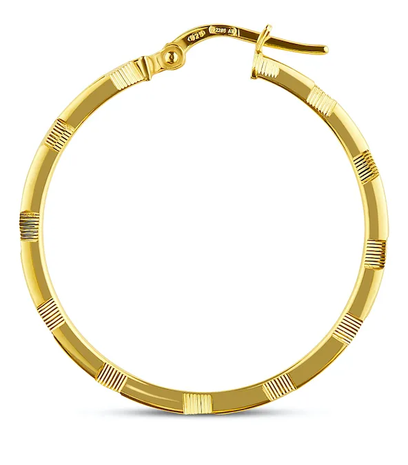 Structured, Slim, Patterned, Squared-Edged Hoops - Gold