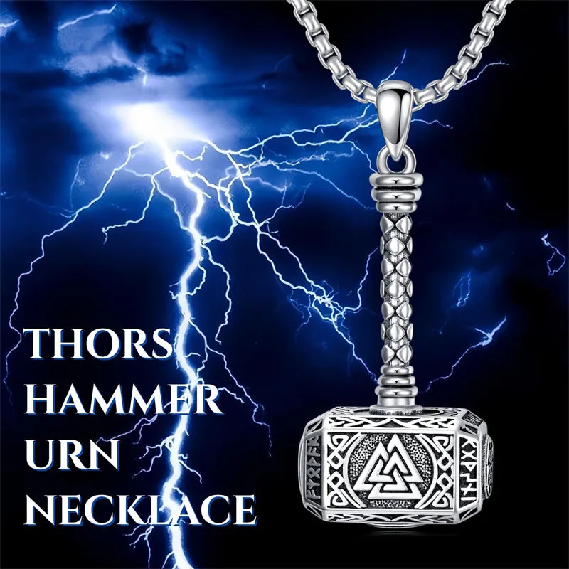 Thors Hammer Necklace 925 Sterling Silver Mjolnir Urn Necklace for Ashes Viking Norse Cremation Jewelry for Men Women