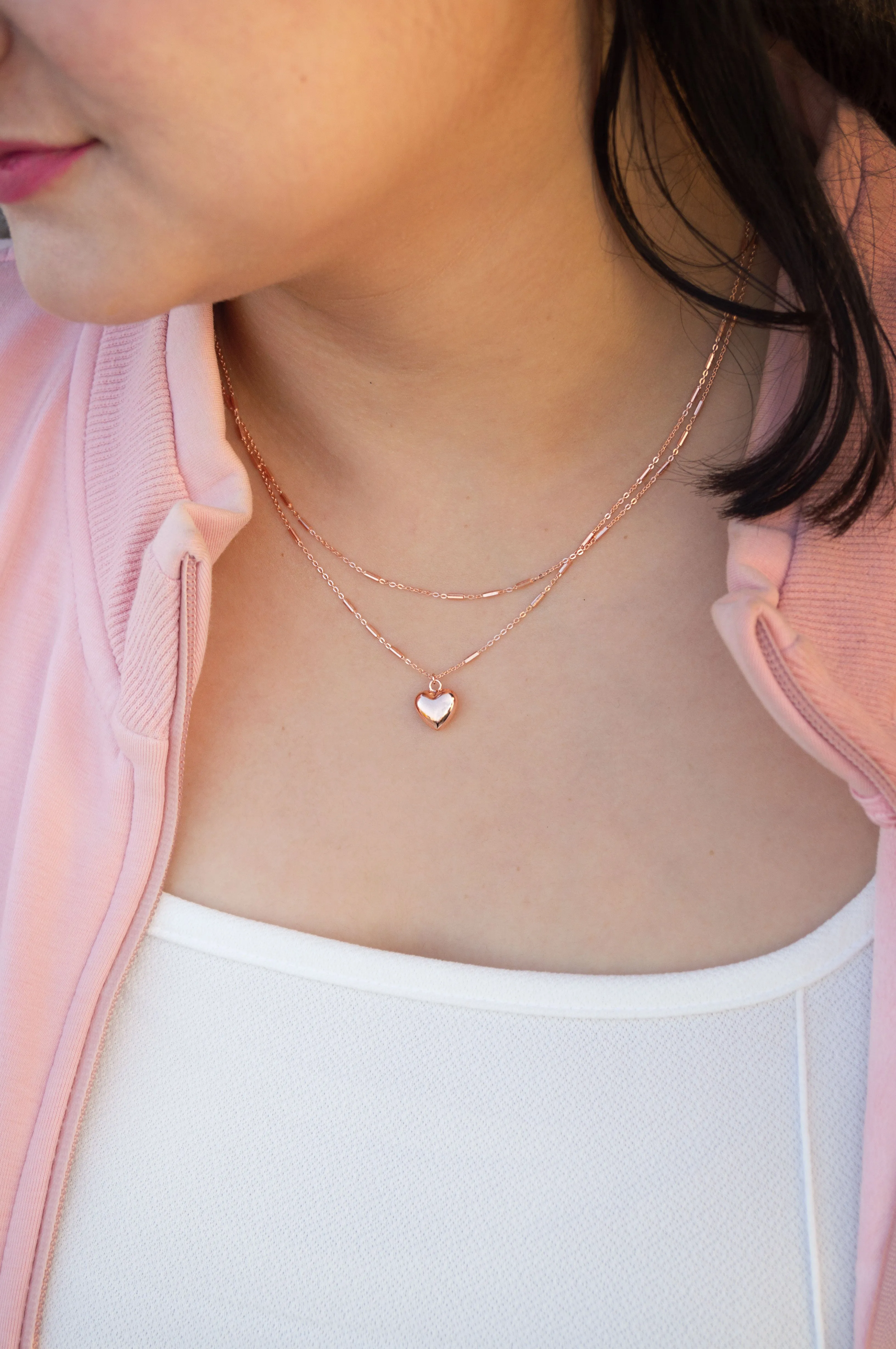 Trendy Two Layer With Heart Rose Gold Plated Sterling Silver Chain Necklace