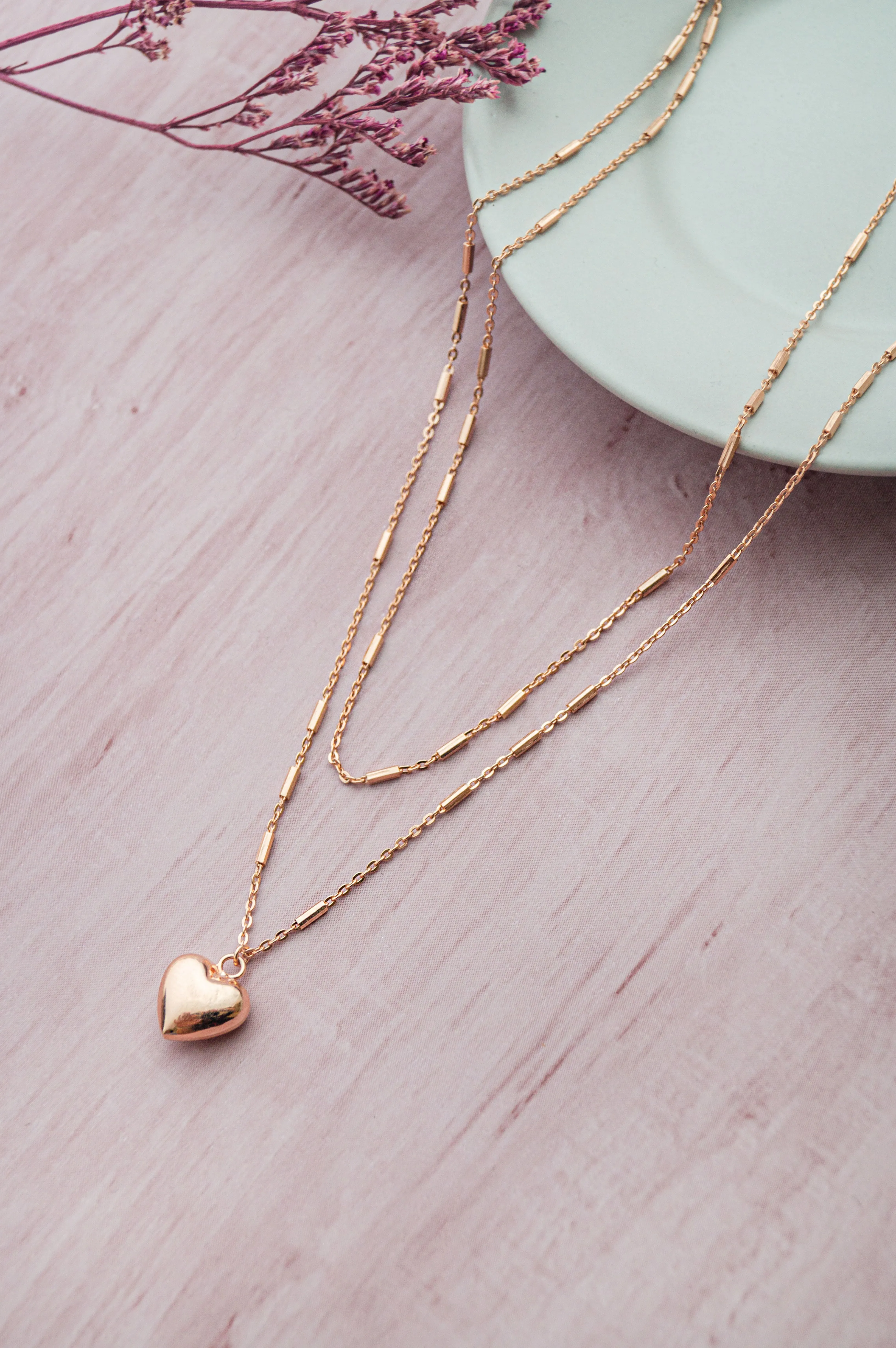 Trendy Two Layer With Heart Rose Gold Plated Sterling Silver Chain Necklace