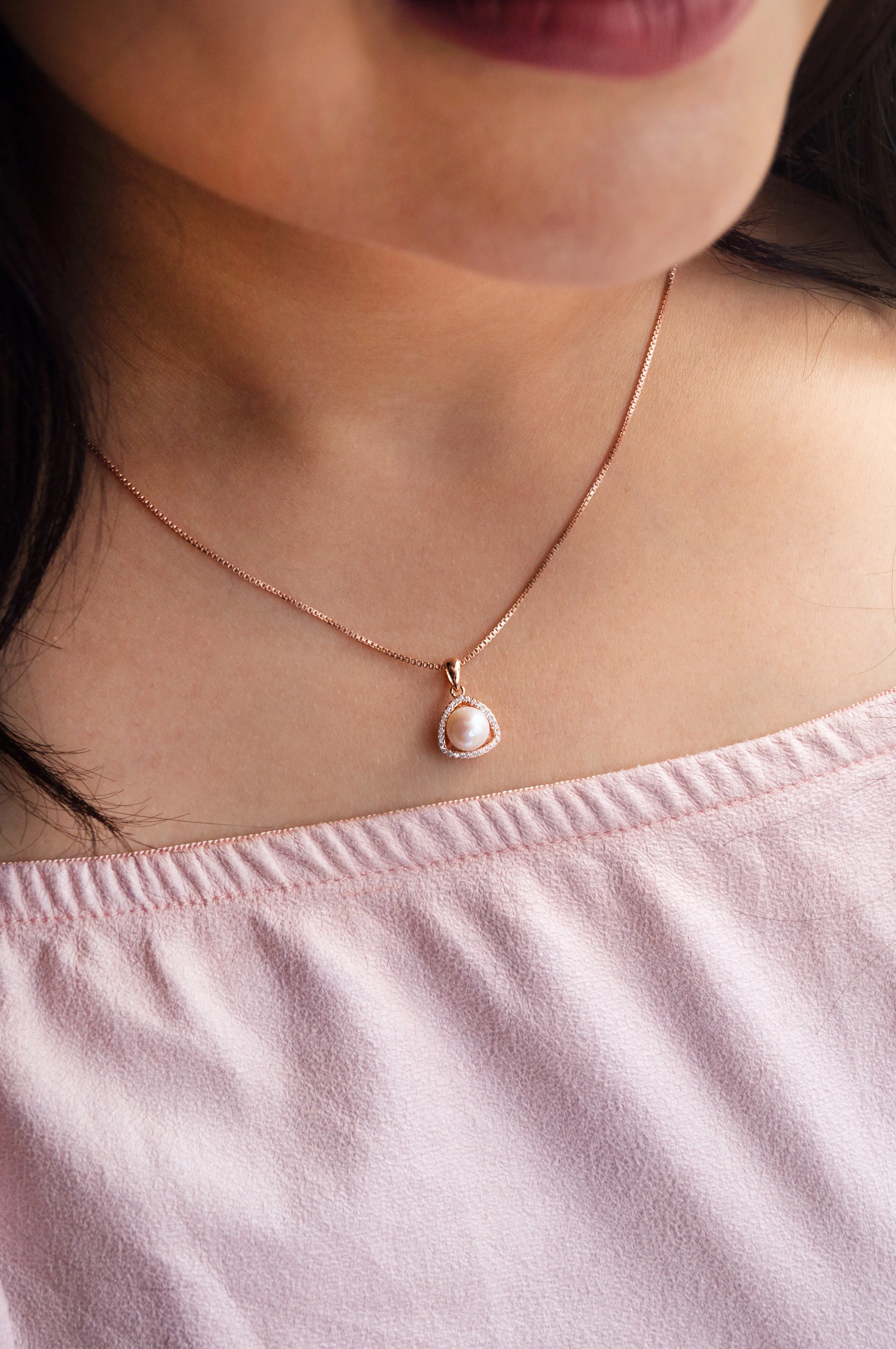 Triangular Pearl Solitaire Rose Gold Plated Sterling Silver Pendant