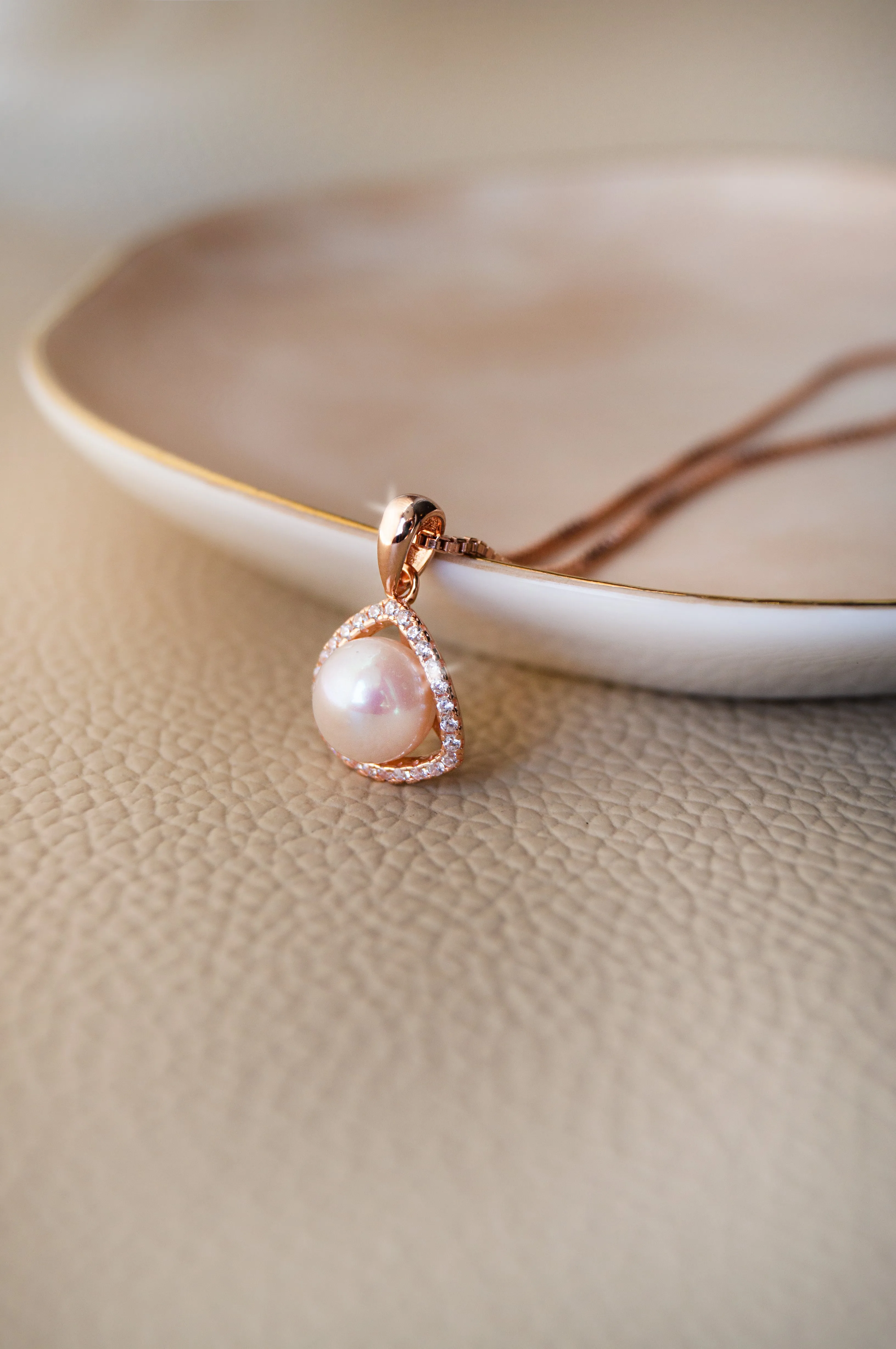 Triangular Pearl Solitaire Rose Gold Plated Sterling Silver Pendant