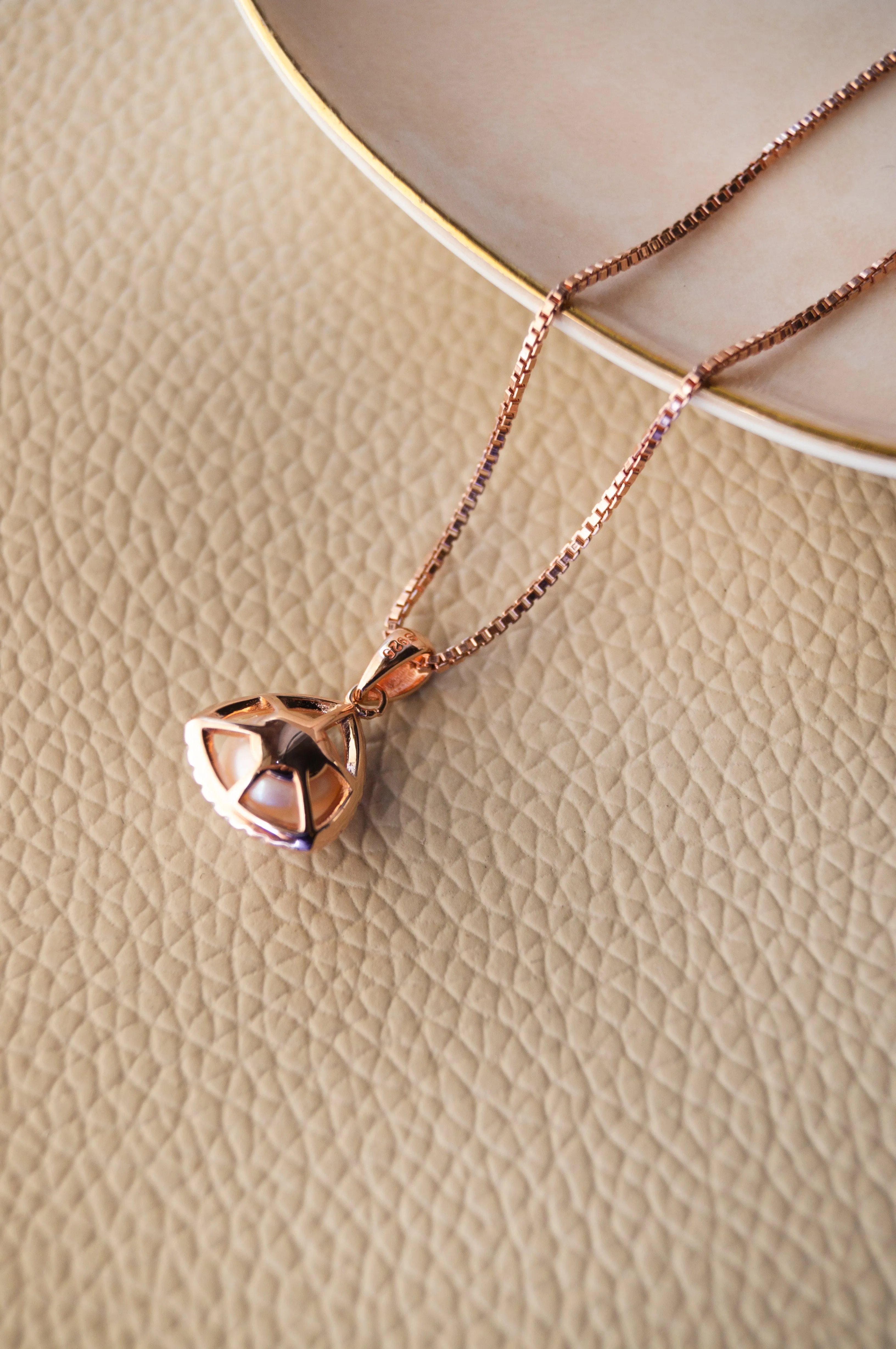 Triangular Pearl Solitaire Rose Gold Plated Sterling Silver Pendant