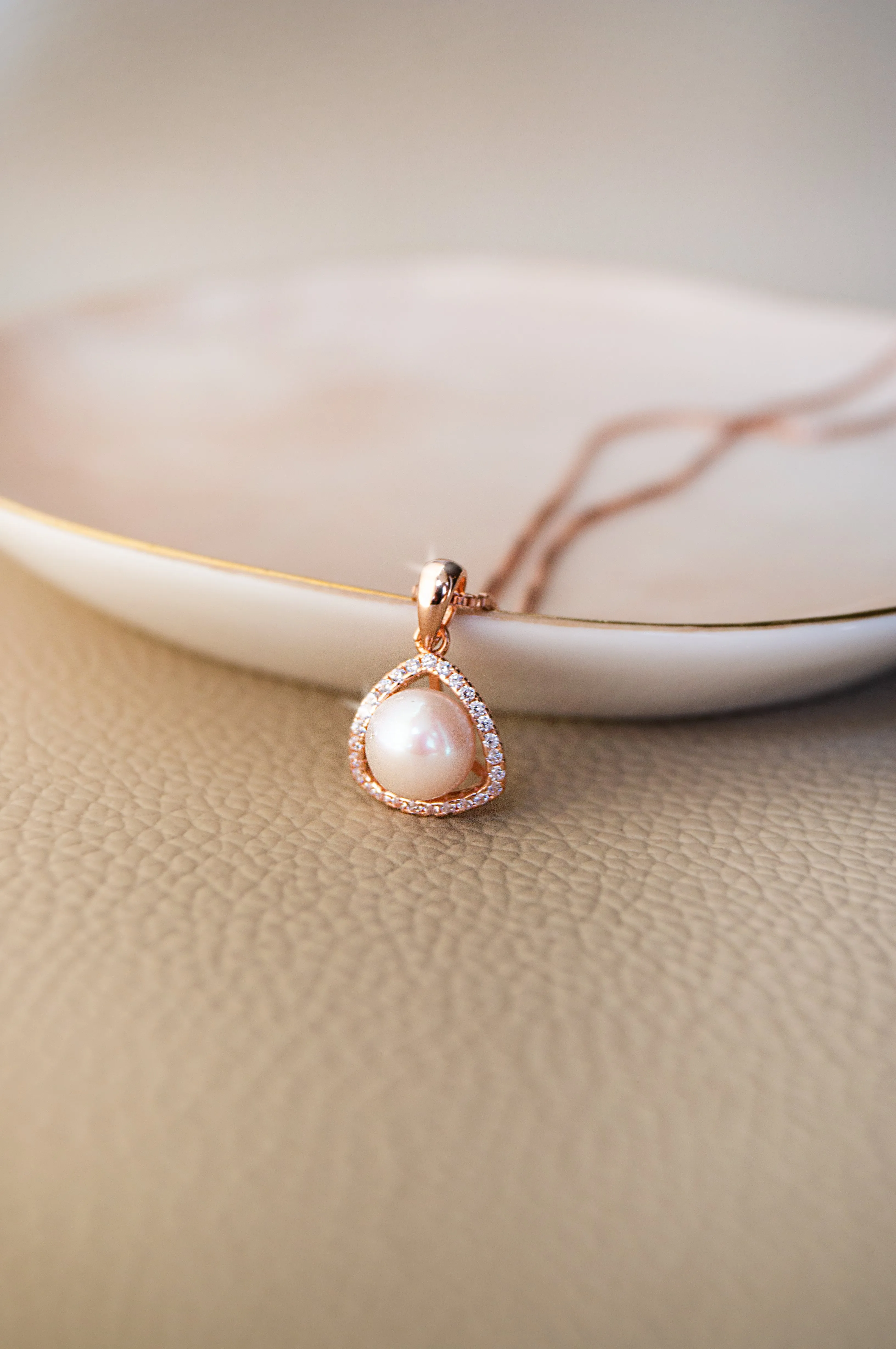 Triangular Pearl Solitaire Rose Gold Plated Sterling Silver Pendant