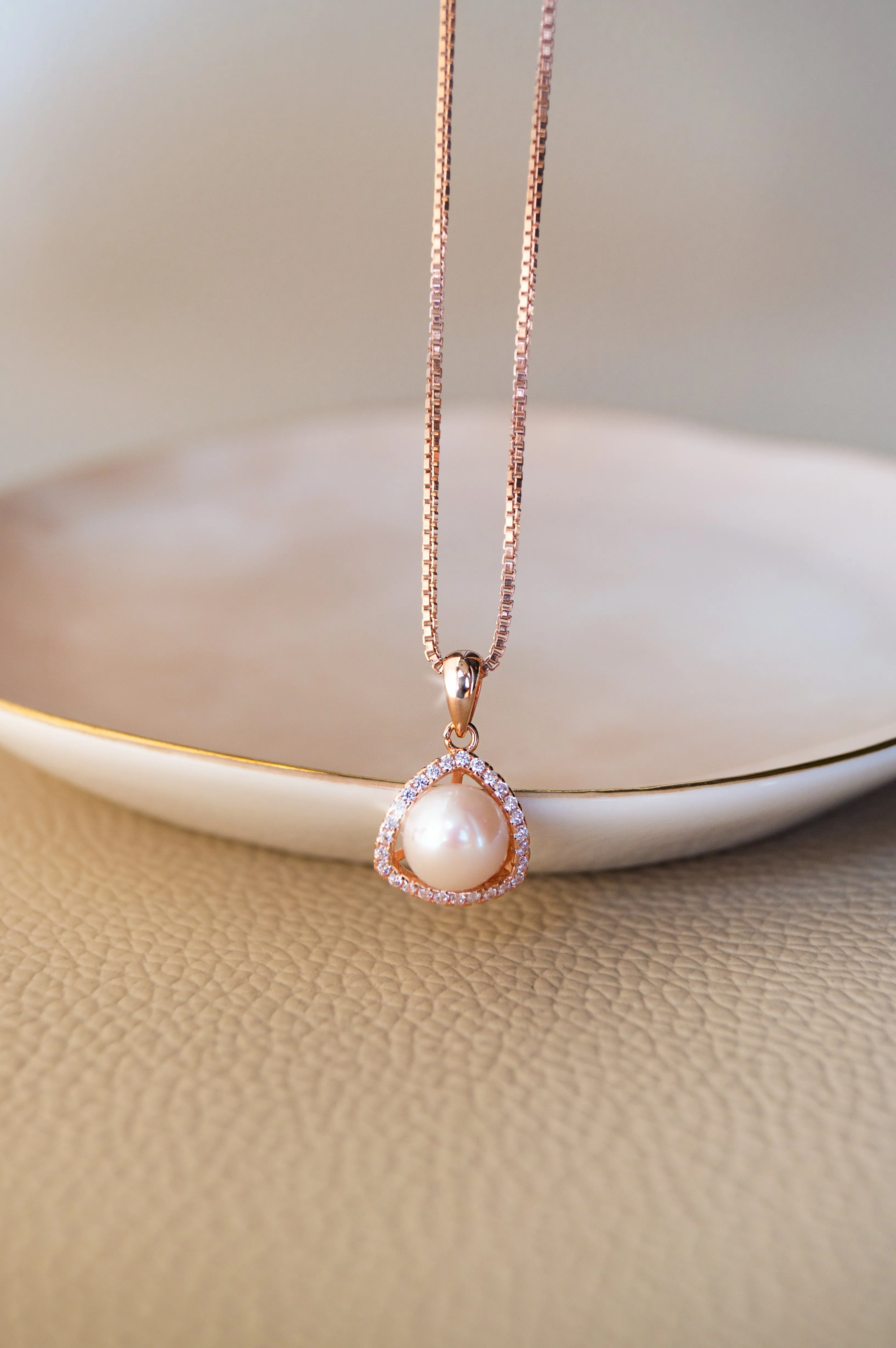 Triangular Pearl Solitaire Rose Gold Plated Sterling Silver Pendant