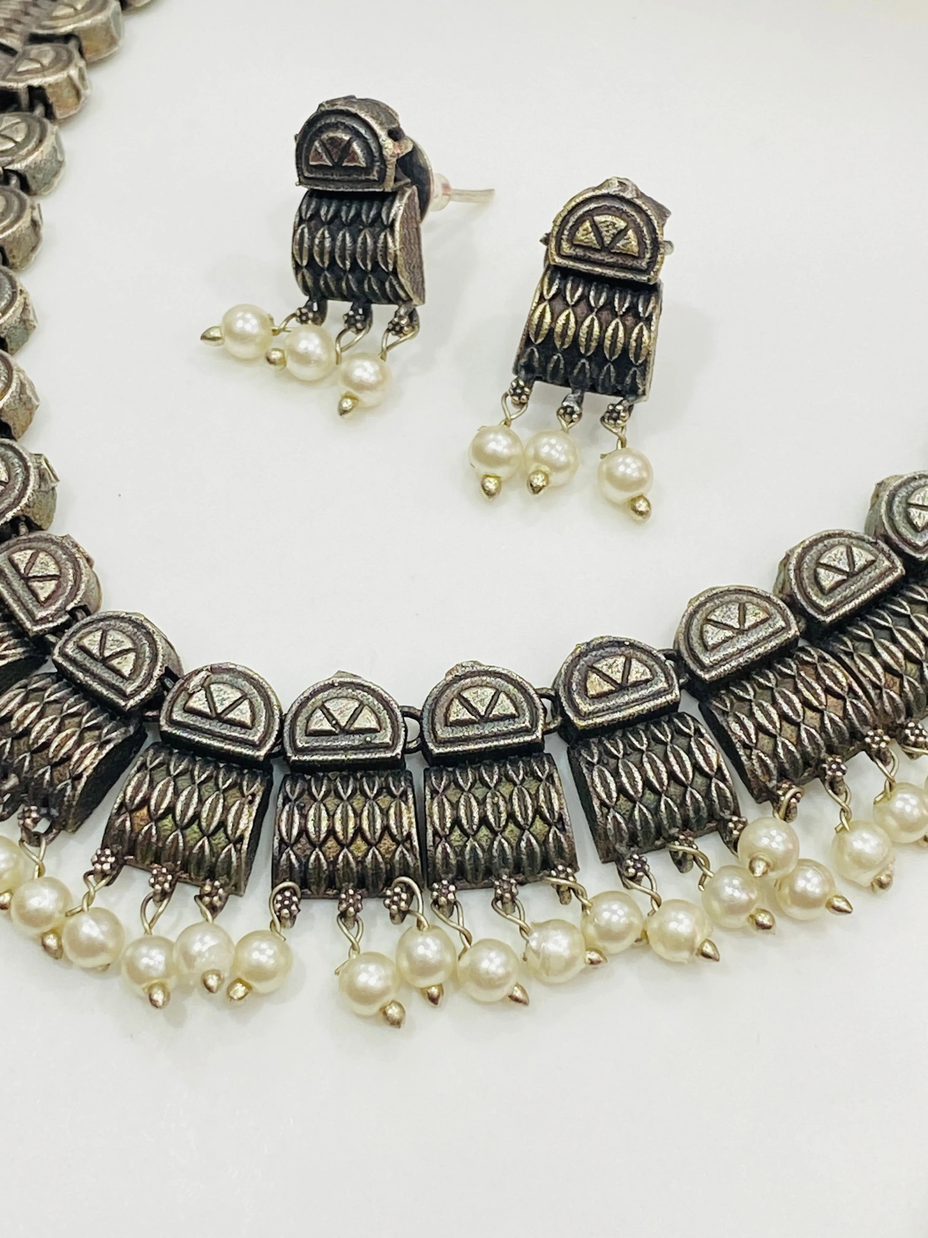 Unique Tribal Style Handmade Ethnic Silver Plated Oxidized Necklace Set With Earrings And Pearl Beads