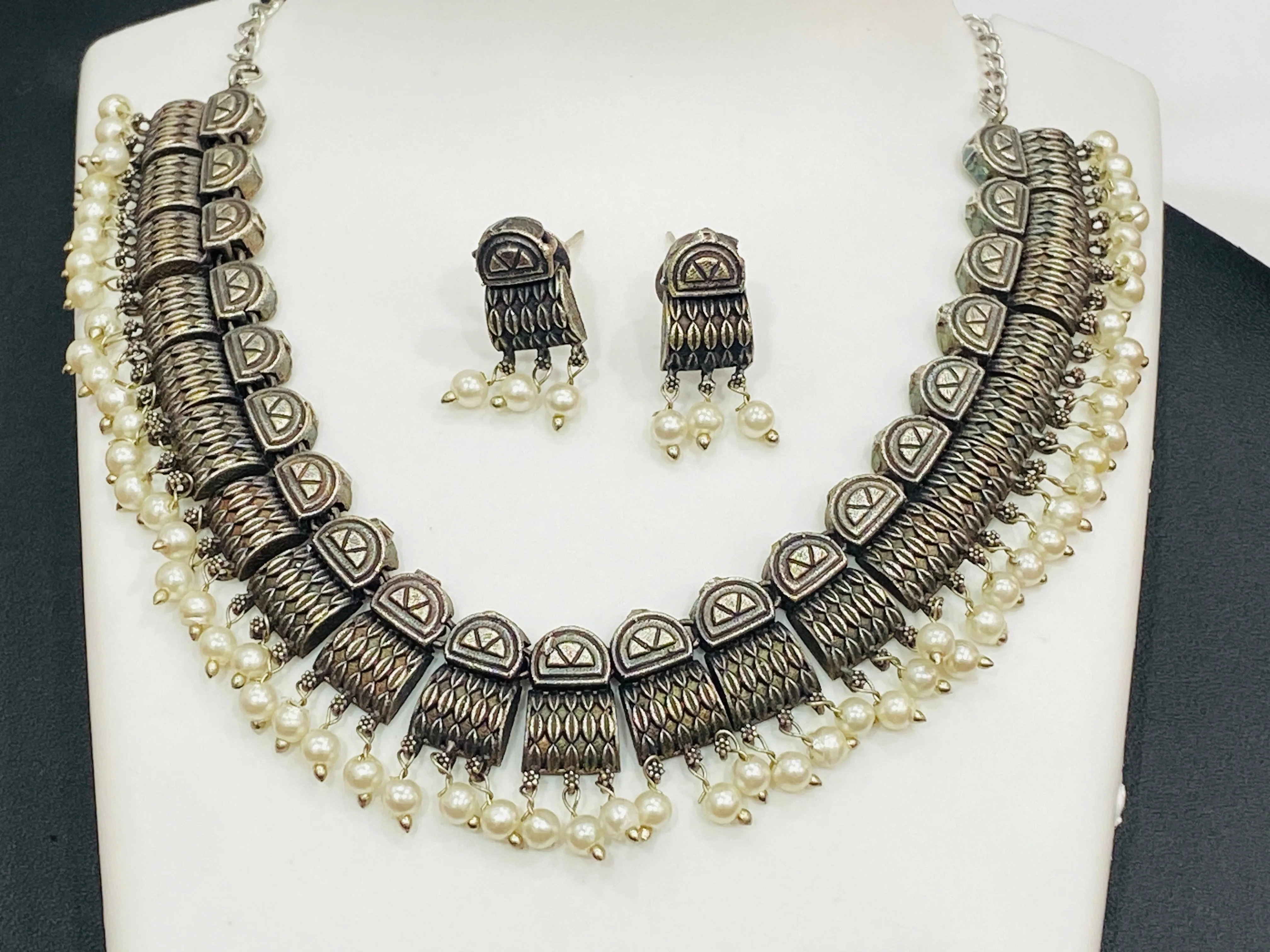 Unique Tribal Style Handmade Ethnic Silver Plated Oxidized Necklace Set With Earrings And Pearl Beads