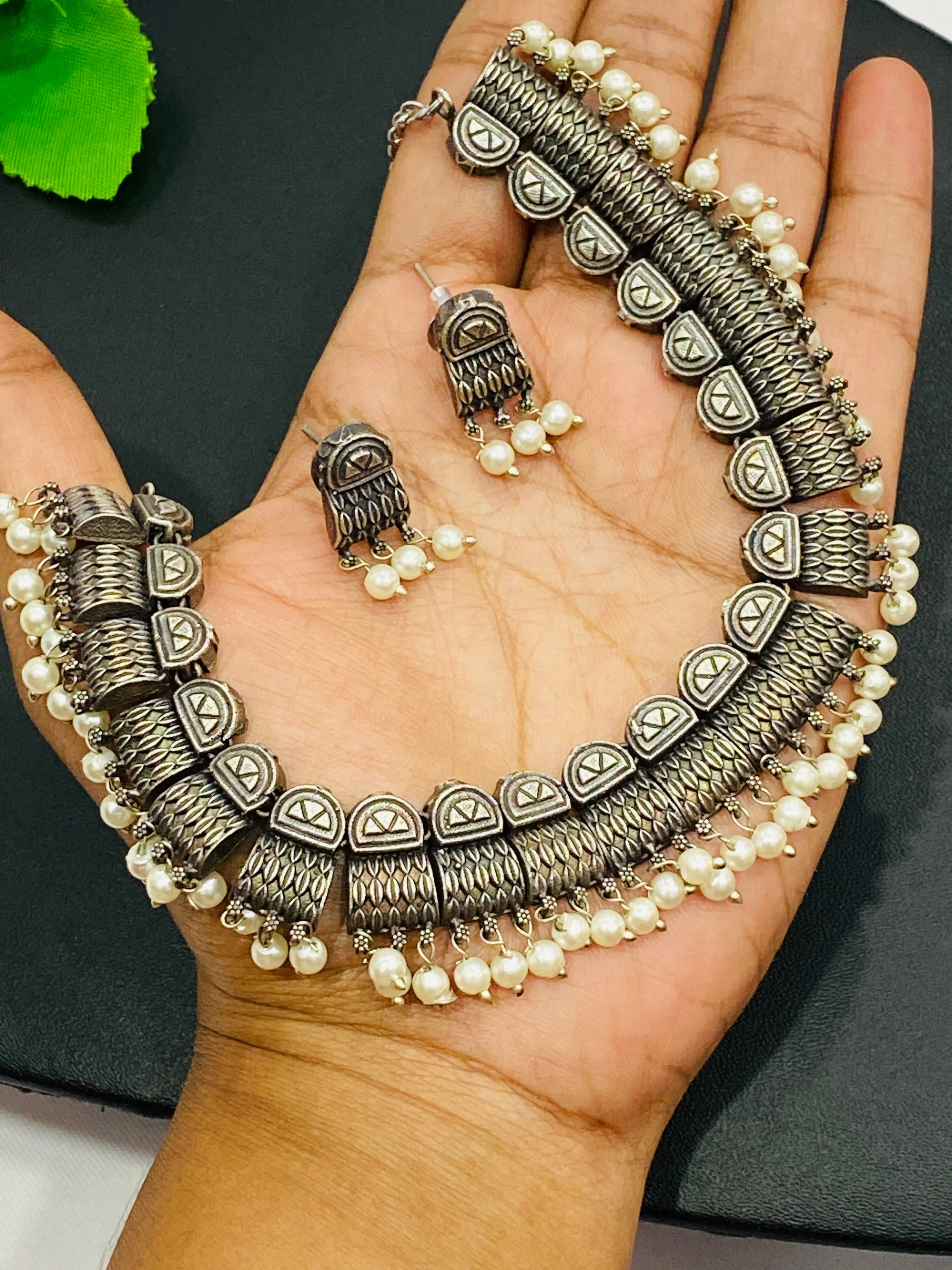 Unique Tribal Style Handmade Ethnic Silver Plated Oxidized Necklace Set With Earrings And Pearl Beads