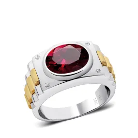 Watch Band Ring in 10k White Gold Bezel Set Oval Ruby and Real Diamonds Personalized Jewelry Gift