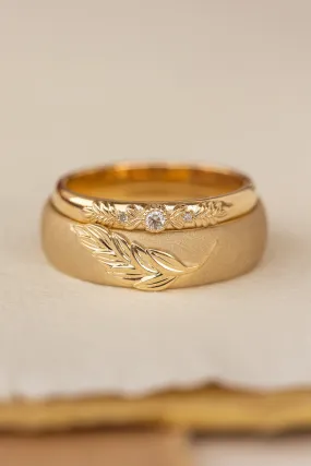 Wedding rings set for couples: satin band with palm leaf for him, wreath ring with gemstones for her