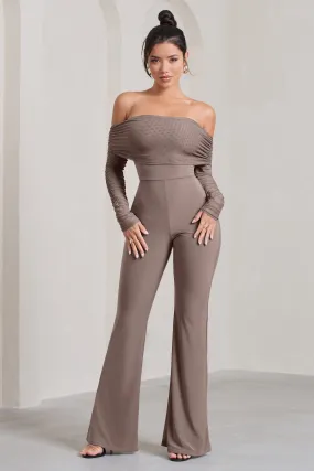 Whisper | Mocha Ruched Mesh Bardot Jumpsuit