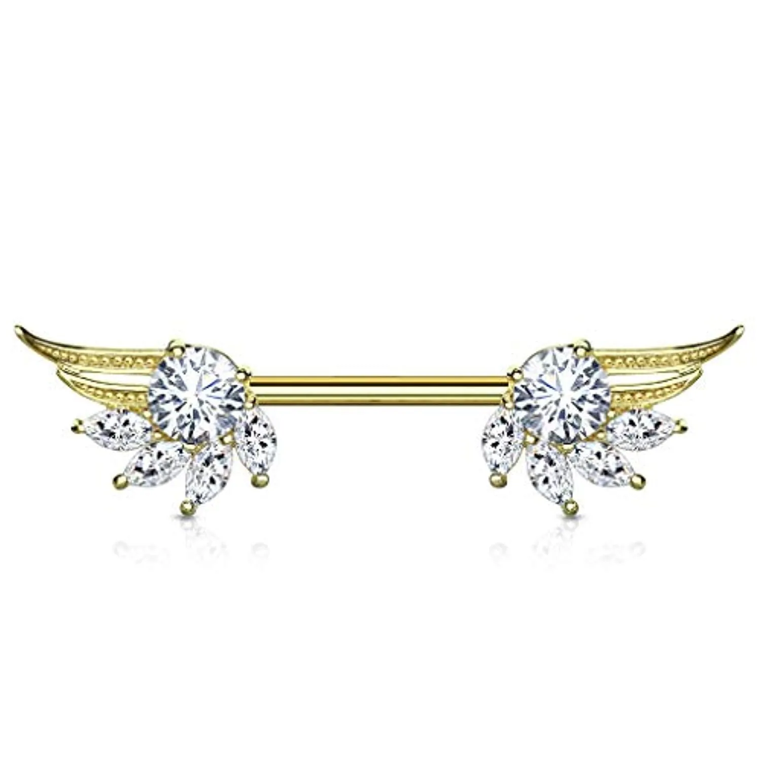 WildKlass Round and Marquise CZ Prong Set Angel Wings Ends 316L Surgical Steel Nipple Barbell Rings