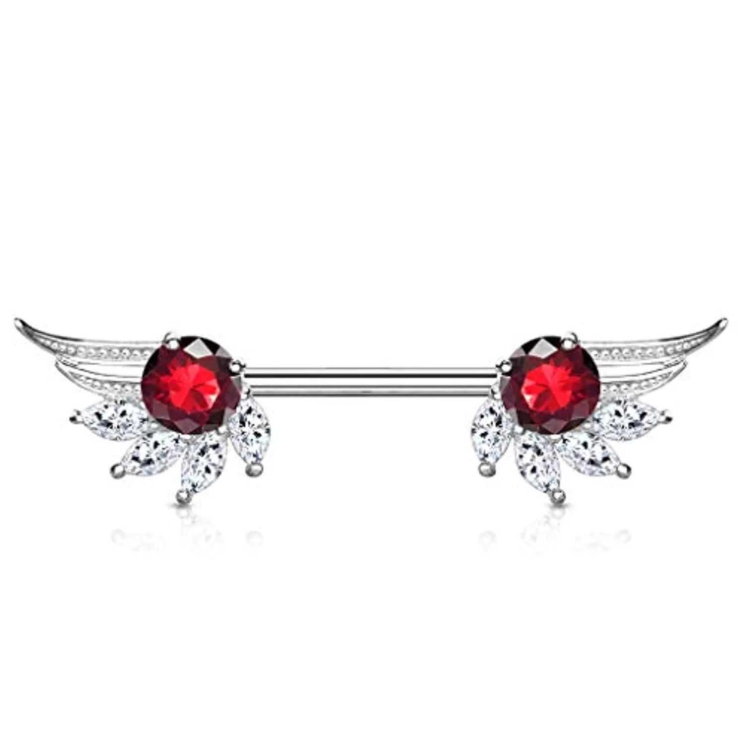 WildKlass Round and Marquise CZ Prong Set Angel Wings Ends 316L Surgical Steel Nipple Barbell Rings