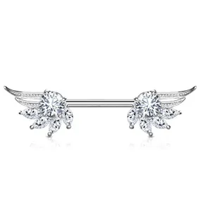 WildKlass Round and Marquise CZ Prong Set Angel Wings Ends 316L Surgical Steel Nipple Barbell Rings