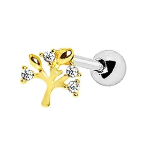 WildKlass Yellow Gold Plated Sparkling Tree of Life Cartilage Earrings